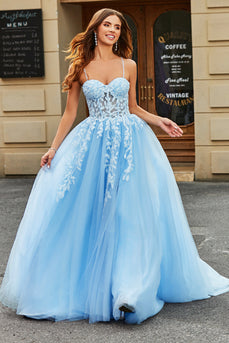 Tulle A-Line Spaghetti Straps Sky Blue Long Corset Formal Dress with Appliques
