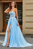 Load image into Gallery viewer, Tulle A-Line Spaghetti Straps Sky Blue Long Corset Formal Dress with Appliques