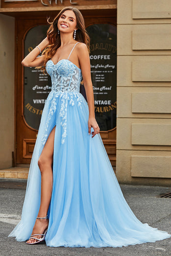 Tulle A-Line Spaghetti Straps Sky Blue Long Corset Formal Dress with Appliques