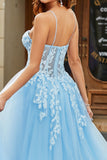 Tulle A-Line Spaghetti Straps Sky Blue Long Corset Formal Dress with Appliques