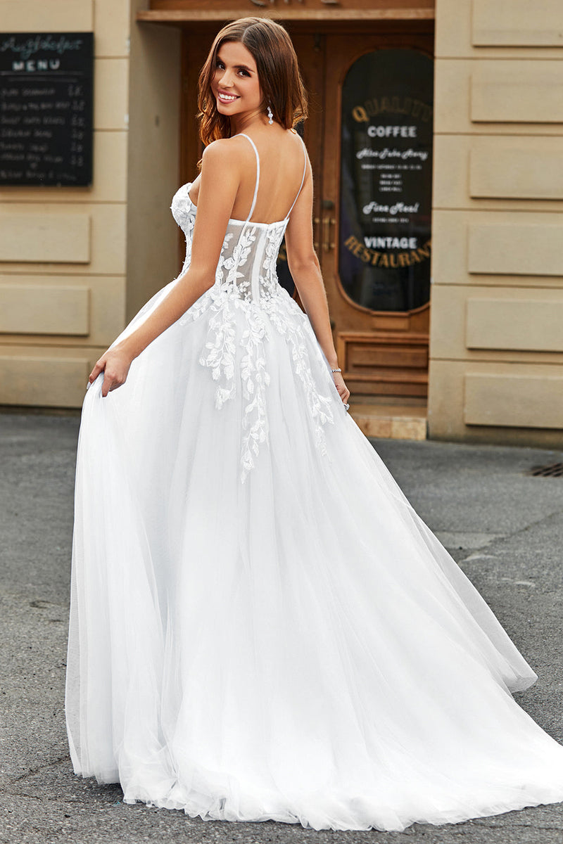 Load image into Gallery viewer, White Corset A-Line Long Tulle Bridal Dress with Slit