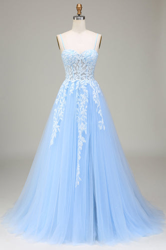 Tulle A-Line Spaghetti Straps Sky Blue Formal Dress with Appliques