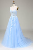 Tulle A-Line Spaghetti Straps Sky Blue Formal Dress with Appliques