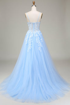 Tulle A-Line Spaghetti Straps Sky Blue Formal Dress with Appliques