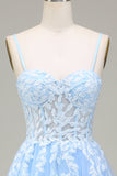 Tulle A-Line Spaghetti Straps Sky Blue Formal Dress with Appliques