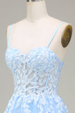 Tulle A-Line Spaghetti Straps Sky Blue Formal Dress with Appliques