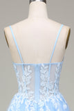 Tulle A-Line Spaghetti Straps Sky Blue Formal Dress with Appliques