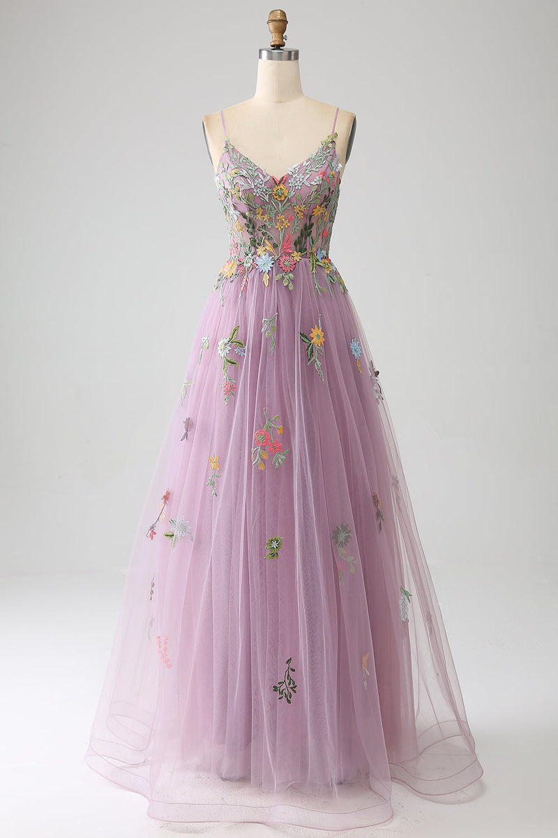 Load image into Gallery viewer, Mauve A-Line Spaghetti Straps Tulle Long Formal Dress With Embroidery