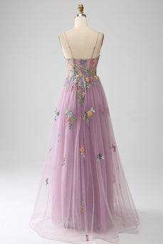 Mauve A-Line Spaghetti Straps Tulle Long Formal Dress With Embroidery