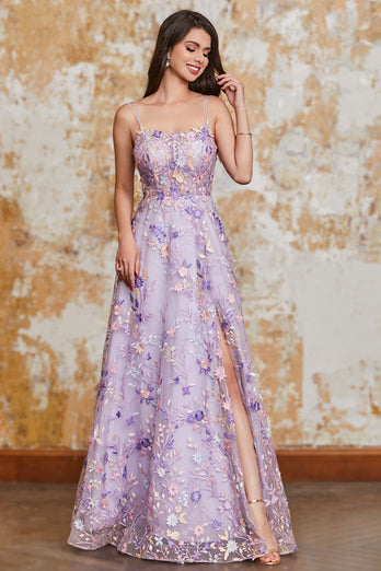 Gorgeous A Line Spaghetti Straps Light Purple Long Formal Dress with Appliques