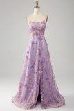 Mauve A-Line Spaghetti Straps Long Formal Dress with Appliques