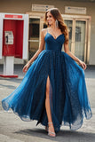 Navy A-Line V-Neck Long Beaded Tulle Formal Dresses With Pleated