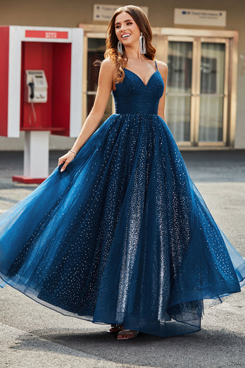 Navy A-Line V-Neck Long Beaded Tulle Formal Dresses With Pleated
