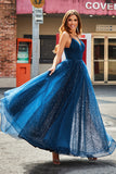 Navy A-Line V-Neck Long Beaded Tulle Formal Dresses With Pleated