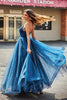 Load image into Gallery viewer, Navy A-Line V-Neck Long Beaded Tulle Formal Dresses With Pleated