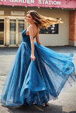 Navy A-Line V-Neck Long Beaded Tulle Formal Dresses With Pleated