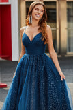 Navy A-Line V-Neck Long Beaded Tulle Formal Dresses With Pleated