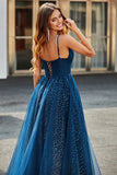 Navy A-Line V-Neck Long Beaded Tulle Formal Dresses With Pleated