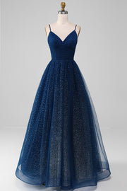 Navy V-Neck Long Beaded Tulle Formal Dresses With Pleated