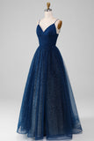 Navy V-Neck Long Beaded Tulle Formal Dresses With Pleated