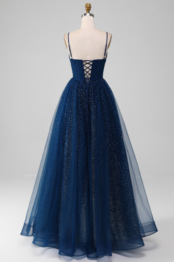Navy V-Neck Long Beaded Tulle Formal Dresses With Pleated