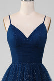 Navy V-Neck Long Beaded Tulle Formal Dresses With Pleated