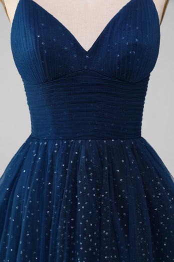Navy V-Neck Long Beaded Tulle Formal Dresses With Pleated