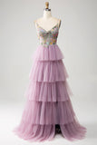 Mauve A-Line Corset Tiered Long Formal Dress With Appliques