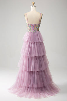 Mauve A-Line Corset Tiered Long Formal Dress With Appliques