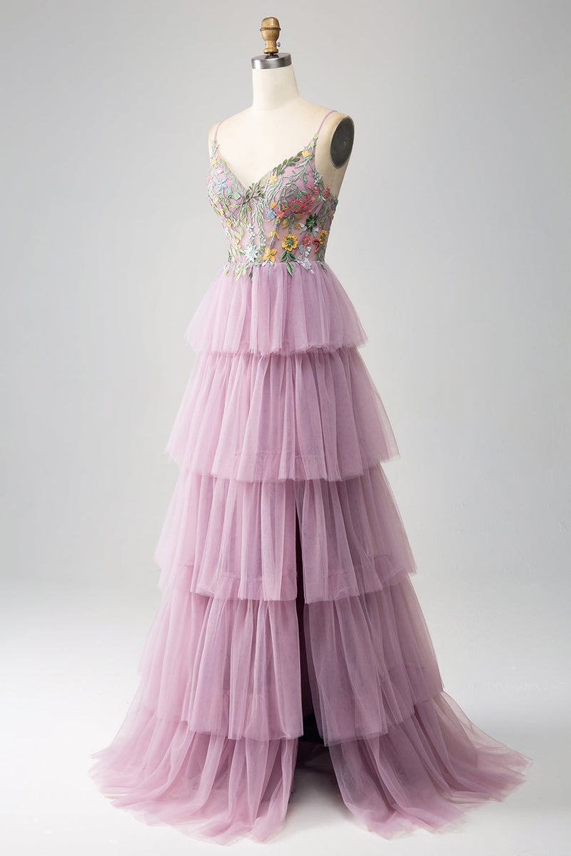 Load image into Gallery viewer, Mauve A-Line Corset Tiered Long Formal Dress With Appliques