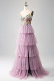 Mauve A-Line Corset Tiered Long Formal Dress With Appliques