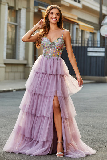 A-Line Tulle Long Corset Tiered Mauve Formal Dress With Appliques