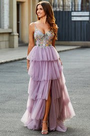 A-Line Tulle Long Corset Tiered Mauve Formal Dress With Appliques