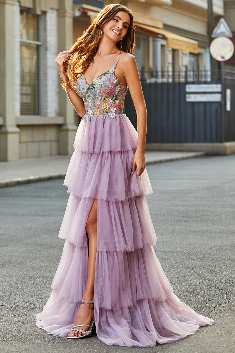 Load image into Gallery viewer, A-Line Tulle Long Corset Tiered Mauve Formal Dress With Appliques