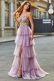 A-Line Tulle Long Corset Tiered Mauve Formal Dress With Appliques