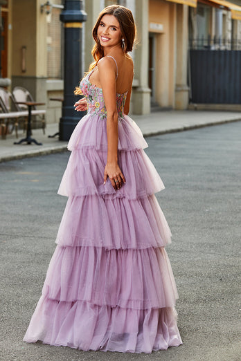 A-Line Tulle Long Corset Tiered Mauve Formal Dress With Appliques