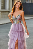 A-Line Tulle Long Corset Tiered Mauve Formal Dress With Appliques