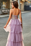 A-Line Tulle Long Corset Tiered Mauve Formal Dress With Appliques