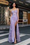 Stylish Mermaid Spaghetti Straps Lilac Long Formal Dress with Slit