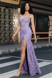 Stylish Mermaid Spaghetti Straps Lilac Long Formal Dress with Slit