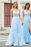 Gorgeous A Line Spaghetti Straps Sky Blue Corset Formal Dress with Appliques