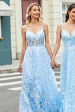 Gorgeous A Line Spaghetti Straps Sky Blue Corset Formal Dress with Appliques