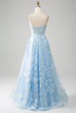 Sky Blue A-Line Spaghetti Straps Lace Long Corset Formal Dress