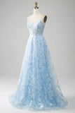 Sky Blue A-Line Spaghetti Straps Lace Long Corset Formal Dress