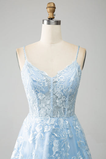 Sky Blue A-Line Spaghetti Straps Lace Long Corset Formal Dress