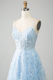 Sky Blue A-Line Spaghetti Straps Lace Long Corset Formal Dress