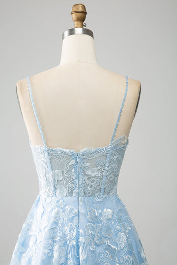 Sky Blue A-Line Spaghetti Straps Lace Long Corset Formal Dress