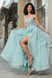 Gorgeous A Line Spaghetti Straps Mint Corset Formal Dress with Appliques