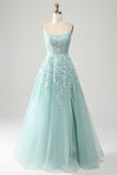 Glitter Mint A-Line Tulle Long Formal Dress with Lace