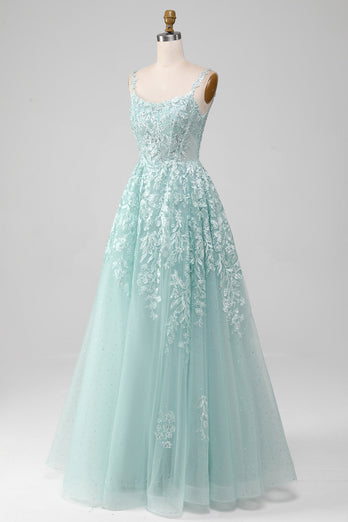 Glitter Mint A-Line Tulle Long Formal Dress with Lace